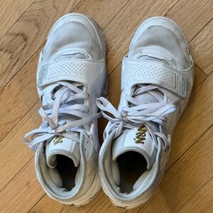 Jordan White and Gold Low-Top Basketball Sneakers, size 9.5